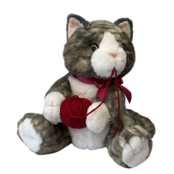 MTY International Other - MTY INTL Adorable Plush Sitting Tabby Cat Toy With Red Bow Yarn Ball Soft Gift